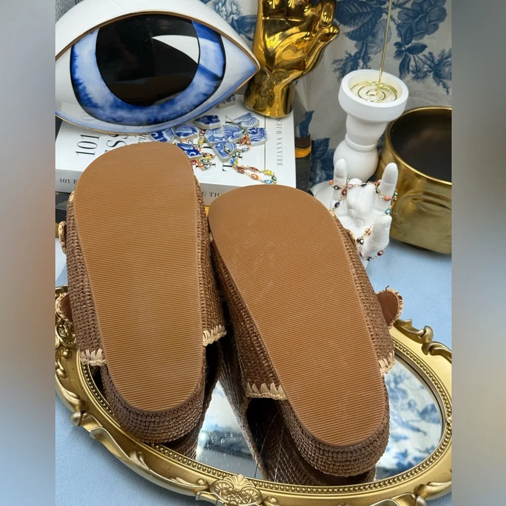 🆕 LOEFFLER RANDALL 🧿 NWOB Theo Embroidered Raffia Platform Sandal, Brown Sz 7